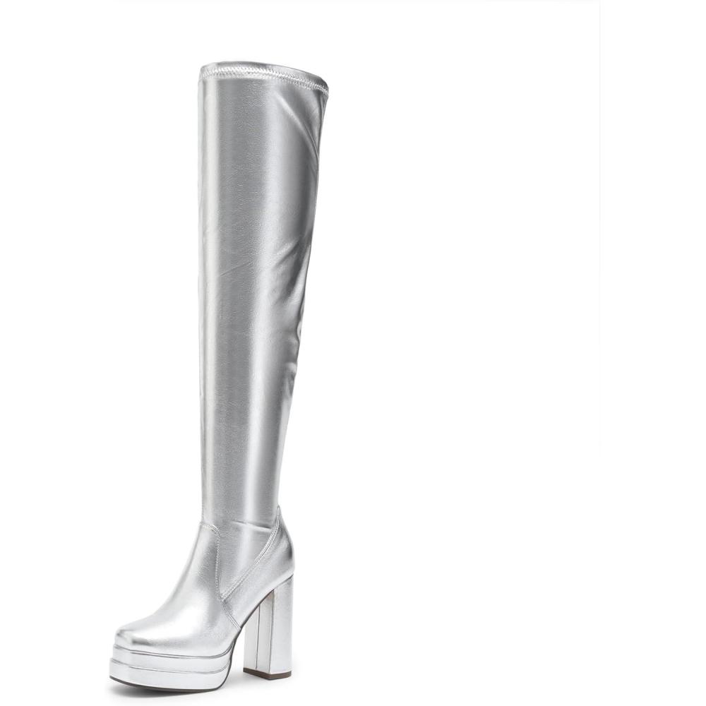 image:imageDREAM PAIRS Womens Platform Over The Knee Thigh High Boots Chunky High Heels Square Toe Long Fall Y2K Gogo BootsSilver