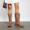 DREAM PAIRS Women’s Cowboy Cowgirl Boots Embroidered Pointed Toe Low Heel Western Mid Calf Boot for Theme Party Country Concert(All Brown)