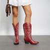 DREAM PAIRS Women’s Cowboy Cowgirl Boots Embroidered Pointed Toe Low Heel Western Mid Calf Boot for Theme Party Country Concert(Red)