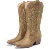 DREAM PAIRS Women’s Cowboy Cowgirl Boots Embroidered Pointed Toe Low Heel Western Mid Calf Boot for Theme Party Country Concert(Tan)