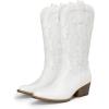 DREAM PAIRS Women’s Cowboy Cowgirl Boots Embroidered Pointed Toe Low Heel Western Mid Calf Boot for Theme Party Country Concert(White)