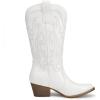DREAM PAIRS Women’s Cowboy Cowgirl Boots Embroidered Pointed Toe Low Heel Western Mid Calf Boot for Theme Party Country Concert(White)