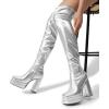 DREAM PAIRS Women’s Platform Over The Knee Thigh High Boots Chunky High Heels Square Toe Long Fall Y2K Gogo Boots(Silver)
