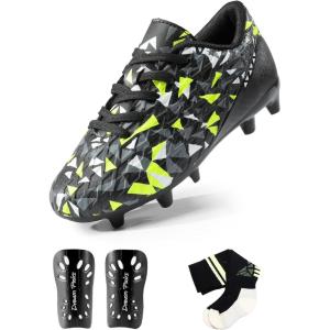 DREAM PAIRS Boys Girls Soccer Cleats Youth Firm Groud Athletic Outdoor Trainning Football Shoes with Soccer Socks(Black/Neon Green)