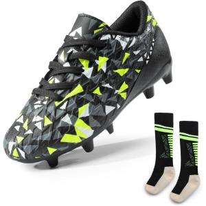 DREAM PAIRS Boys Girls Soccer Cleats Youth Firm Groud Athletic Outdoor Trainning Football Shoes with Soccer Socks(Black/Neon/Green)