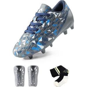 DREAM PAIRS Boys Girls Soccer Cleats Youth Firm Groud Athletic Outdoor Trainning Football Shoes with Soccer Socks(Dark Grey/Navy)