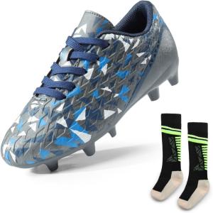 DREAM PAIRS Boys Girls Soccer Cleats Youth Firm Groud Athletic Outdoor Trainning Football Shoes with Soccer Socks(Dark/Grey/Royal/Blue)