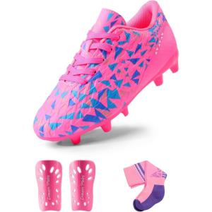 DREAM PAIRS Boys Girls Soccer Cleats Youth Firm Groud Athletic Outdoor Trainning Football Shoes with Soccer Socks(Hot Pink/Blue)
