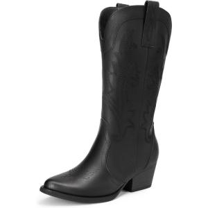 DREAM PAIRS Women’s Cowboy Cowgirl Boots Embroidered Pointed Toe Low Heel Western Mid Calf Boot for Theme Party Country Concert(All Black)