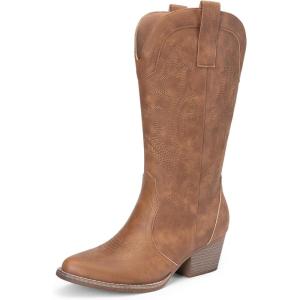 DREAM PAIRS Women’s Cowboy Cowgirl Boots Embroidered Pointed Toe Low Heel Western Mid Calf Boot for Theme Party Country Concert(All Brown)