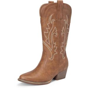 DREAM PAIRS Women’s Cowboy Cowgirl Boots Embroidered Pointed Toe Low Heel Western Mid Calf Boot for Theme Party Country Concert(Brown)