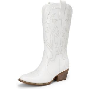 DREAM PAIRS Women’s Cowboy Cowgirl Boots Embroidered Pointed Toe Low Heel Western Mid Calf Boot for Theme Party Country Concert(White)