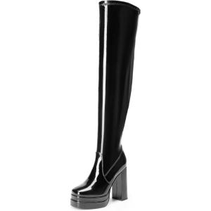 DREAM PAIRS Women’s Platform Over The Knee Thigh High Boots Chunky High Heels Square Toe Long Fall Y2K Gogo Boots(Black-pat)