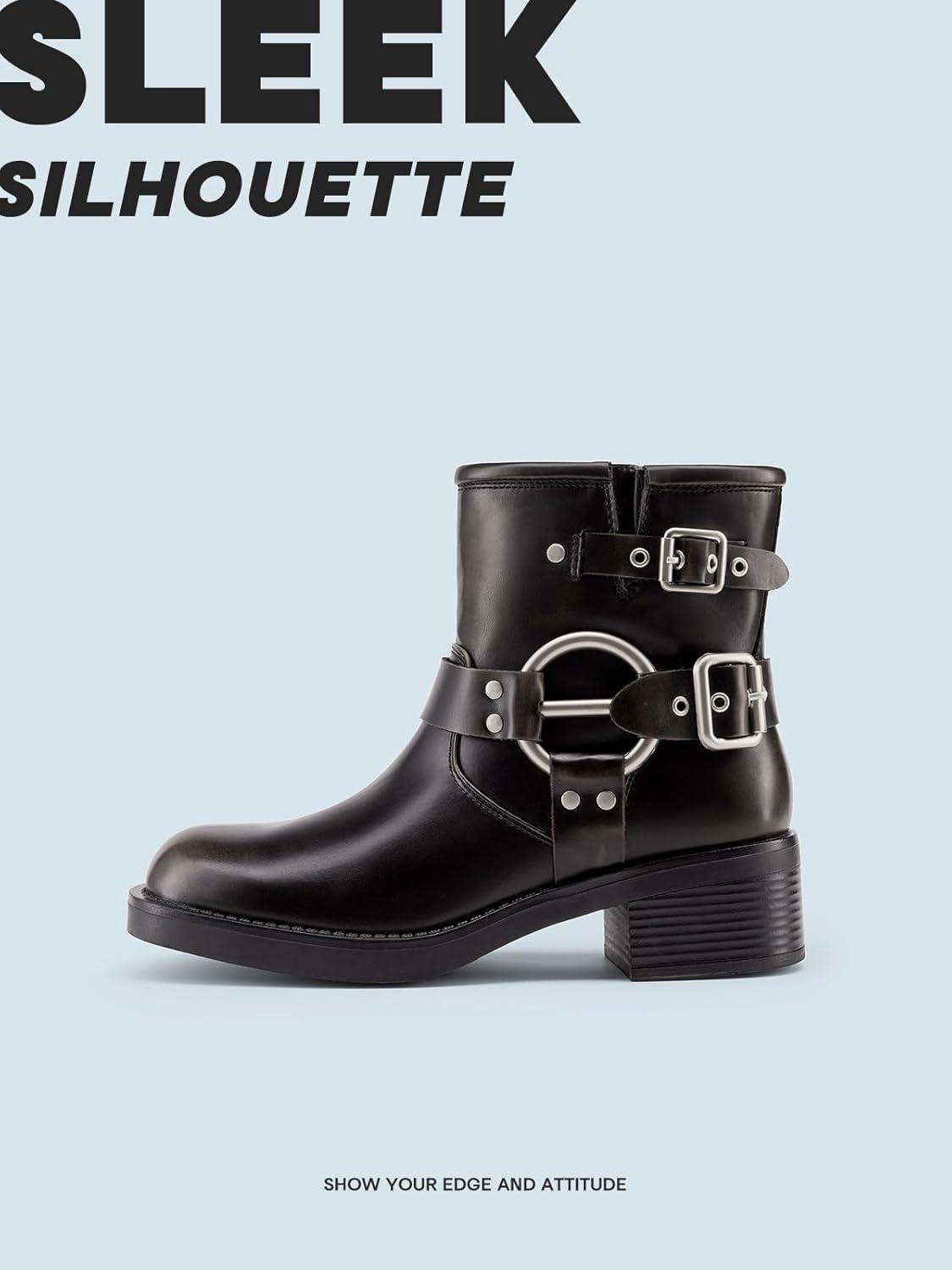 image:imageDREAM PAIRS Womens Ankle Boots Fashion Buckles Square Toe Motorcycle Riding Biker Boots Low Chunky Heel Fall Booties ShoesBlackBrown