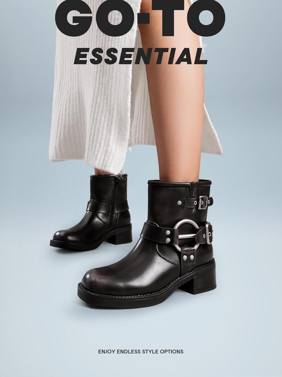 image:imageDREAM PAIRS Womens Ankle Boots Fashion Buckles Square Toe Motorcycle Riding Biker Boots Low Chunky Heel Fall Booties ShoesBlackBrown