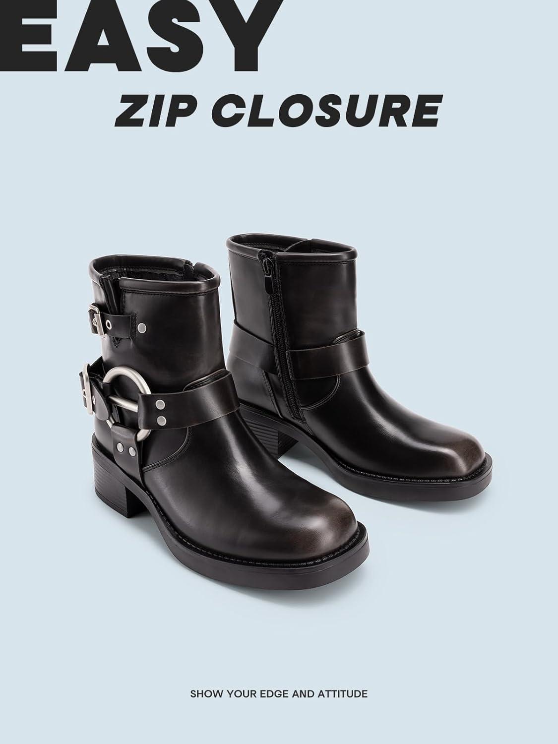 image:imageDREAM PAIRS Womens Ankle Boots Fashion Buckles Square Toe Motorcycle Riding Biker Boots Low Chunky Heel Fall Booties ShoesBlackBrown
