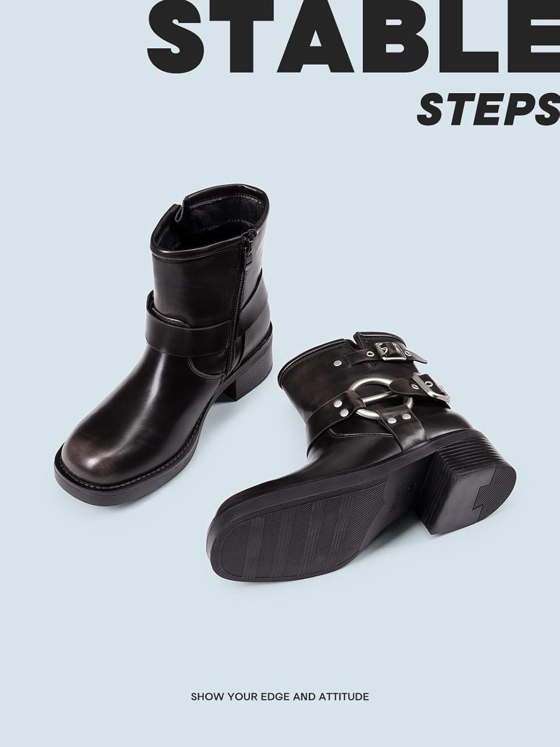 image:imageDREAM PAIRS Womens Ankle Boots Fashion Buckles Square Toe Motorcycle Riding Biker Boots Low Chunky Heel Fall Booties ShoesBlackBrown