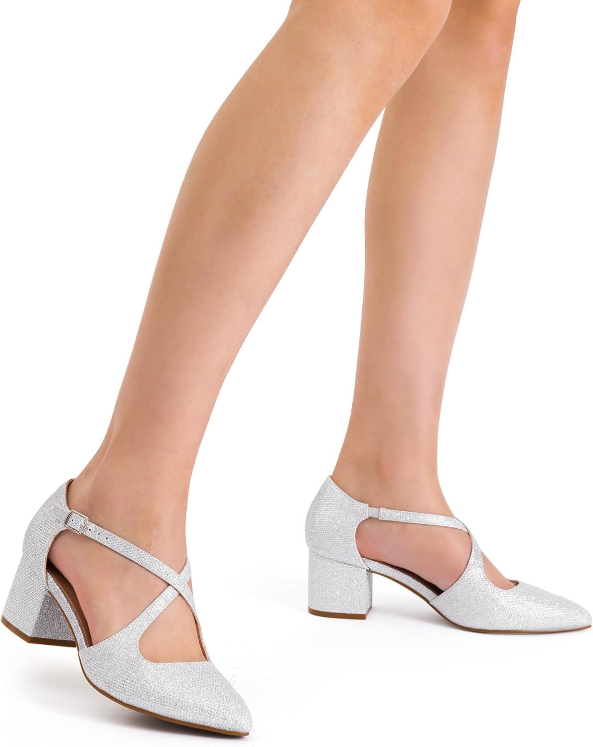 image:imageDREAM PAIRS Womens Chunky Heels Dress Pumps Closed Pointed Toe Comfort Cross Strap Block Heel Shoes for Party Dance WeddingSilverglitter