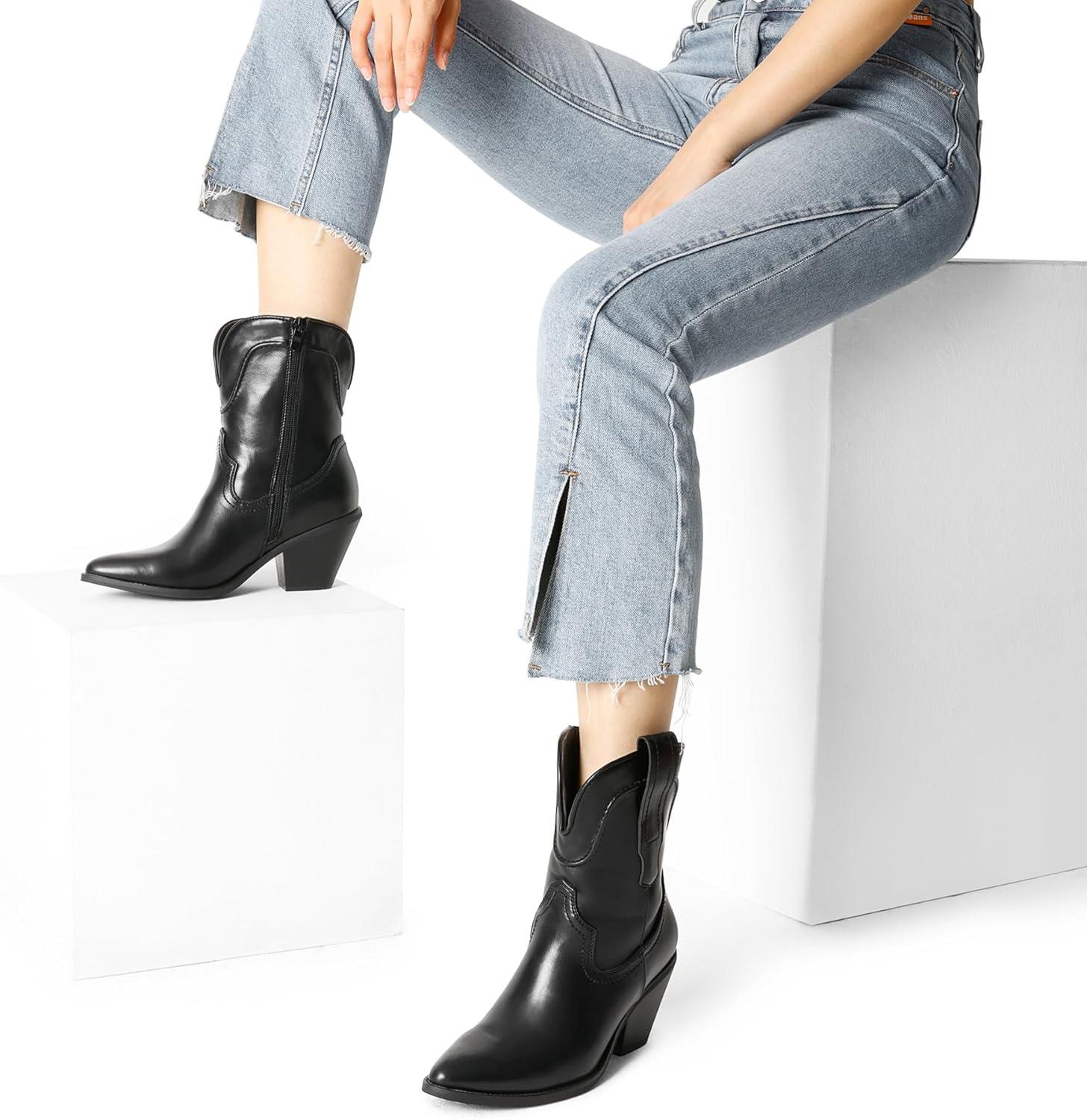 image:imageDREAM PAIRS Womens Cowboy Ankle Boots Western Booties Low Heel Pointed Toe Cowgirl BootsBlack