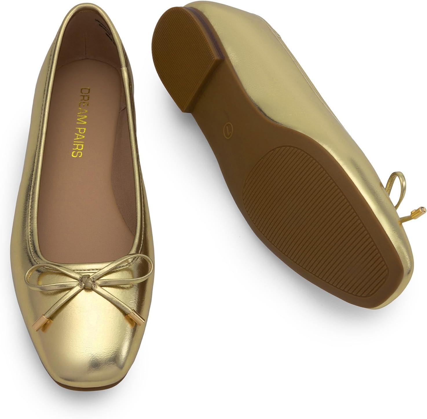image:imageDREAM PAIRS Womens Flats Square Toe Ballet Flats Comfortable Casual Ballerina Flat Dress Shoes with Bow Suitable for Dressy Business Casual Work OfficeGold