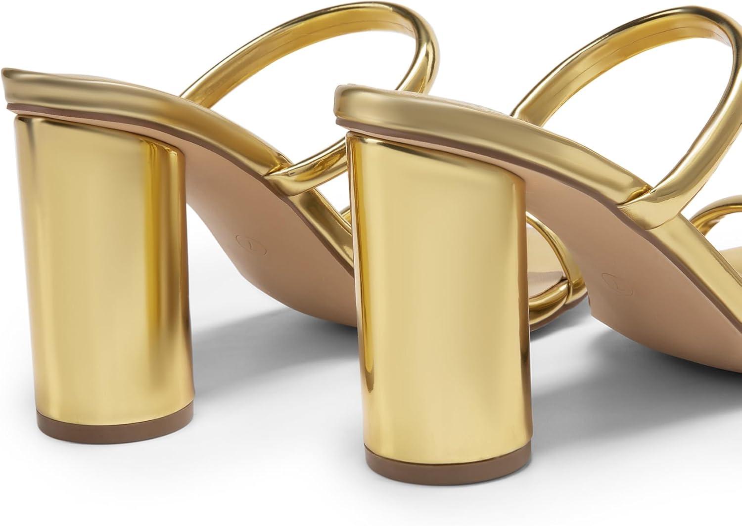 image:imageDREAM PAIRS Womens Square Open Toe Block Heels Two Strap Slip On High Heeled Slides SandalsGold