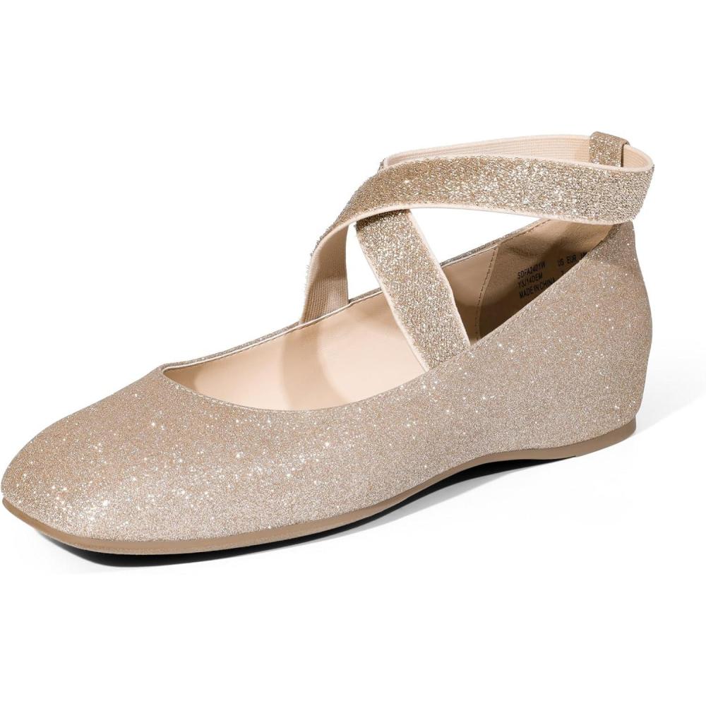 image:imageDREAM PAIRS Womens Ballet Flats Comfortable SlipOn Square Toe Dress Shoes with Elastic Ankle StrapsGoldglitter