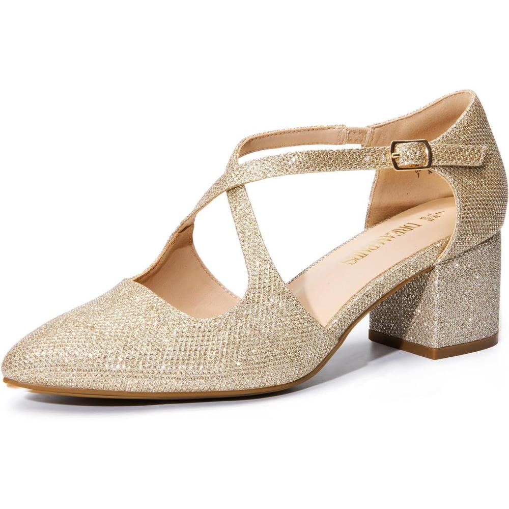 image:imageDREAM PAIRS Womens Chunky Heels Dress Pumps Closed Pointed Toe Comfort Cross Strap Block Heel Shoes for Party Dance WeddingGoldglitter