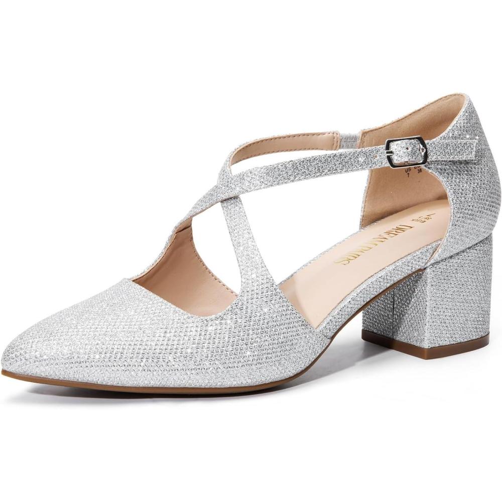 image:imageDREAM PAIRS Womens Chunky Heels Dress Pumps Closed Pointed Toe Comfort Cross Strap Block Heel Shoes for Party Dance WeddingSilverglitter