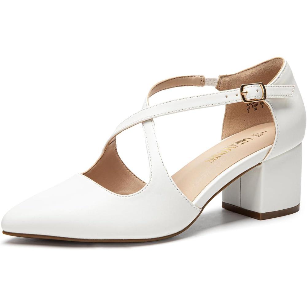 image:imageDREAM PAIRS Womens Chunky Heels Dress Pumps Closed Pointed Toe Comfort Cross Strap Block Heel Shoes for Party Dance WeddingWhitepu