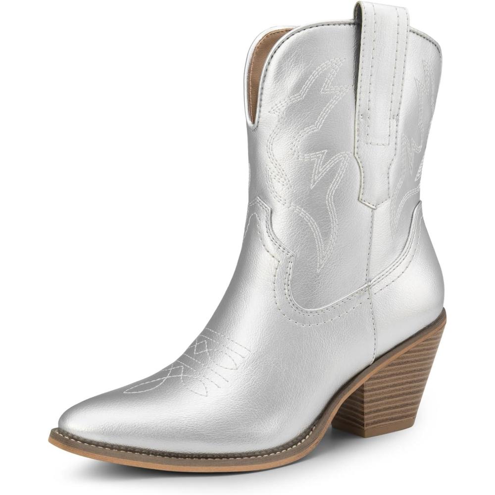 image:imageDREAM PAIRS Womens Cowboy Ankle Boots Western Booties Low Heel Pointed Toe Cowgirl BootsSilver