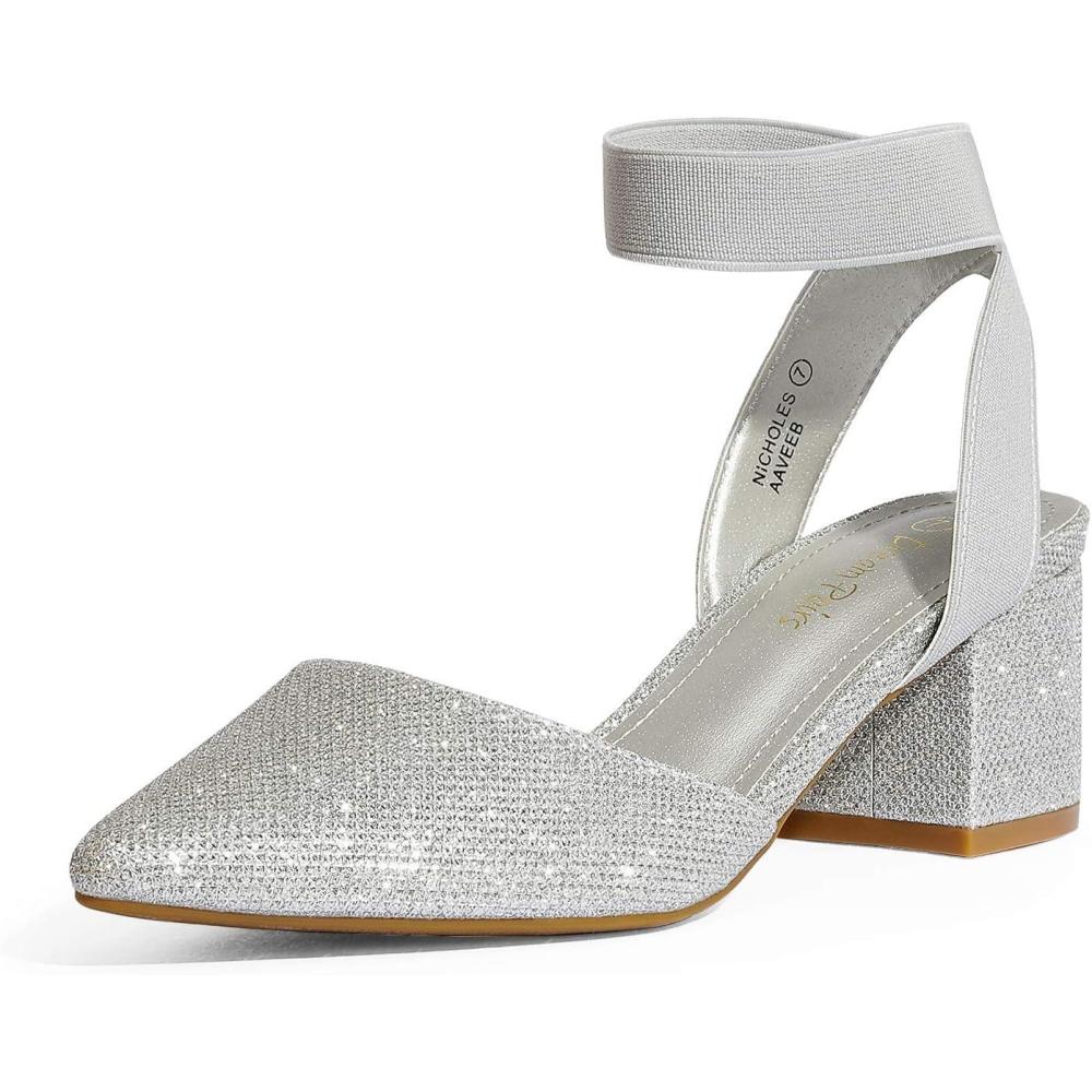 image:imageDREAM PAIRS Womens Nicholes Low Block Heel PumpsSilverGlitter