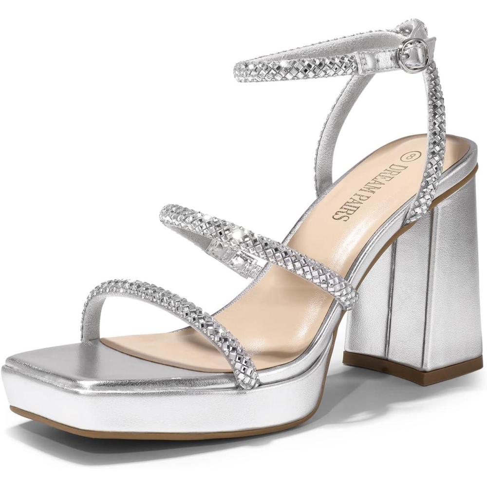 image:imageDREAM PAIRS Womens Platform Strappy Heels Open Toe Ankle Strap Square Party Sandals Y2K Dress ShoesSilverrhinestone