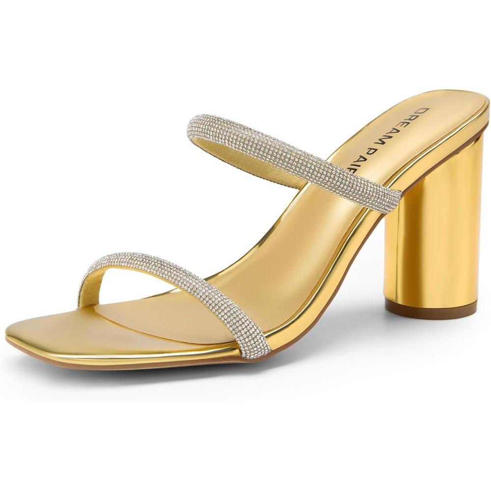 image:imageDREAM PAIRS Womens Square Open Toe Block Heels Two Strap Slip On High Heeled Slides SandalsGoldrhinestone