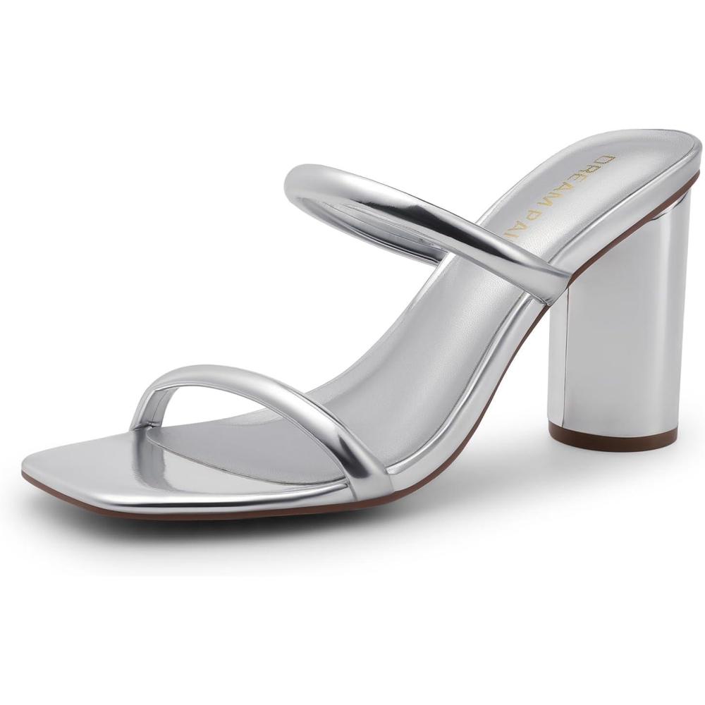 image:imageDREAM PAIRS Womens Square Open Toe Block Heels Two Strap Slip On High Heeled Slides SandalsSilver