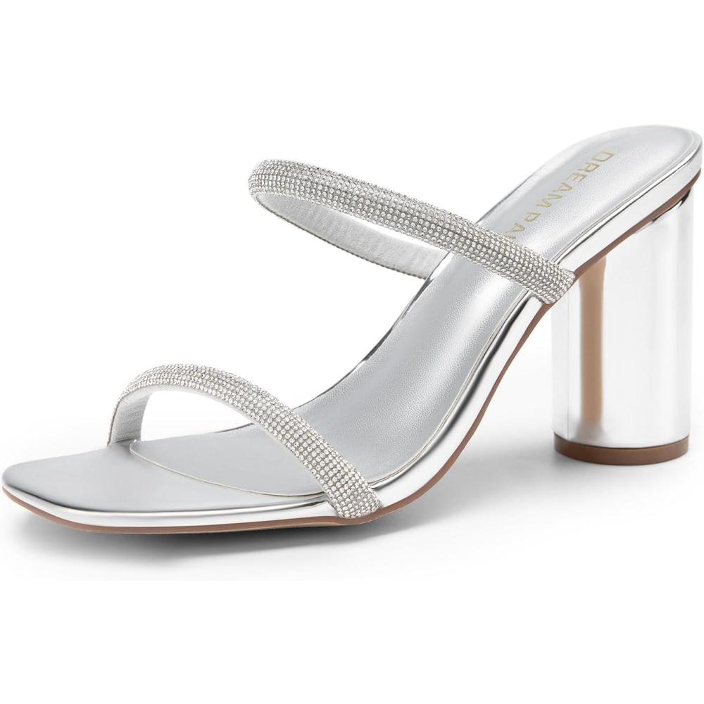 image:imageDREAM PAIRS Womens Square Open Toe Block Heels Two Strap Slip On High Heeled Slides SandalsSilverrhinestone