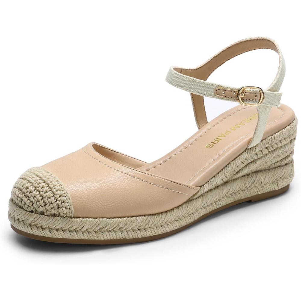 image:imageDREAM PAIRS Womens Wedge Sandals Closed Toe Espadrilles Platform Wedge Heels with Adjustable Ankle Straps and Comfortable Cushion InsolesNude