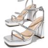 DREAM PAIRS Women’s Platform Strappy Heels Open Toe Ankle Strap Square Party Sandals Y2K Dress Shoes(Silver-rhinestone)