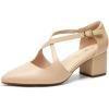 DREAM PAIRS Women’s Chunky Heels Dress Pumps Closed Pointed Toe Comfort Cross Strap Block Heel Shoes for Party Dance Wedding(Nude-pu)