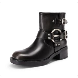 DREAM PAIRS Women’s Ankle Boots Fashion Buckles Square Toe Motorcycle Riding Biker Boots Low Chunky Heel Fall Booties Shoes(Black/Brown)