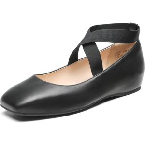 DREAM PAIRS Women’s Ballet Flats, Comfortable Slip-On Square Toe Dress Shoes with Elastic Ankle Straps(Black-pu)
