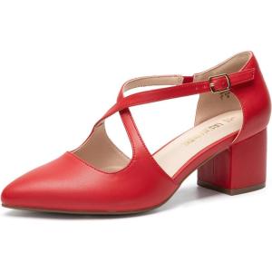 DREAM PAIRS Women’s Chunky Heels Dress Pumps Closed Pointed Toe Comfort Cross Strap Block Heel Shoes for Party Dance Wedding(Red-pu)