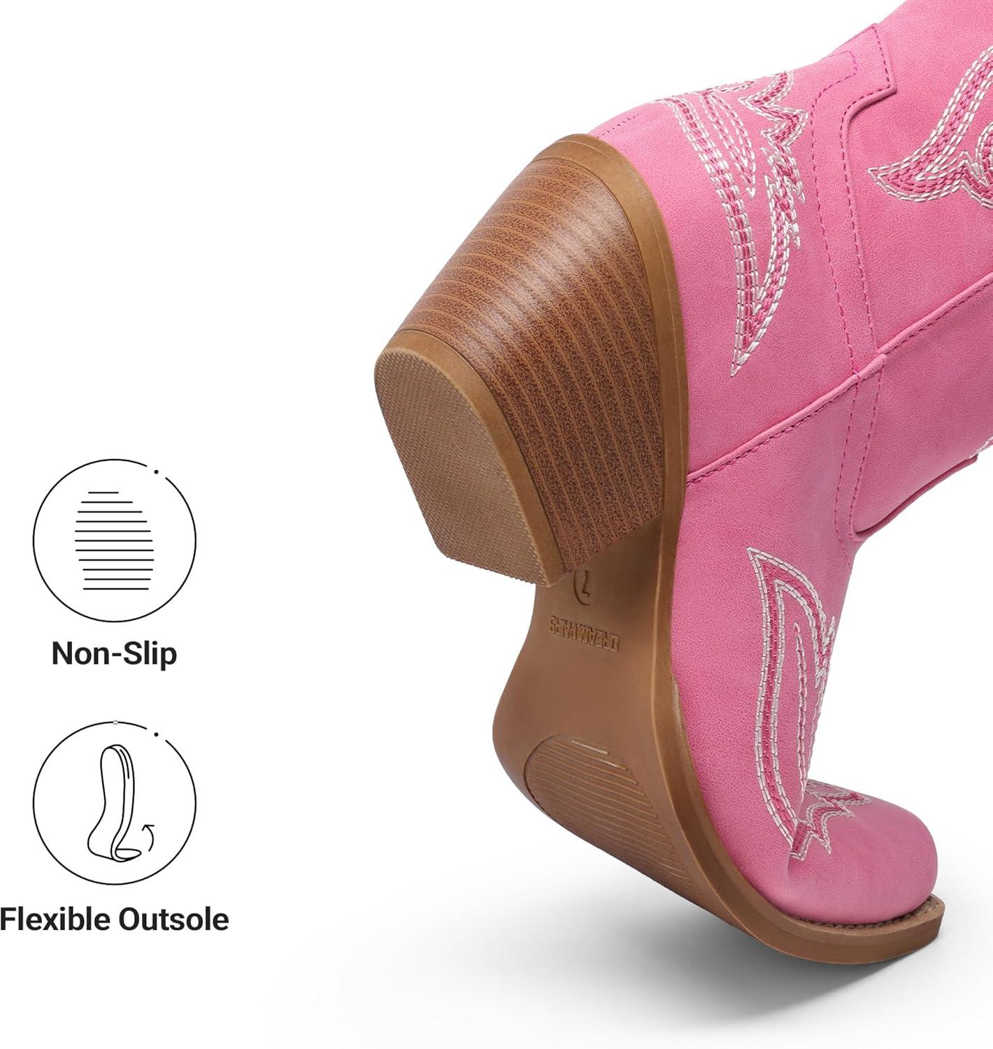 image:imageDREAM PAIRS Cowboy Knee High Boots for Women Western Retro Embroidered Cowgirl Boots Fashion Narrow Square Toe Comfortable Side Zipper Tall Boots for LadiesHot Pink
