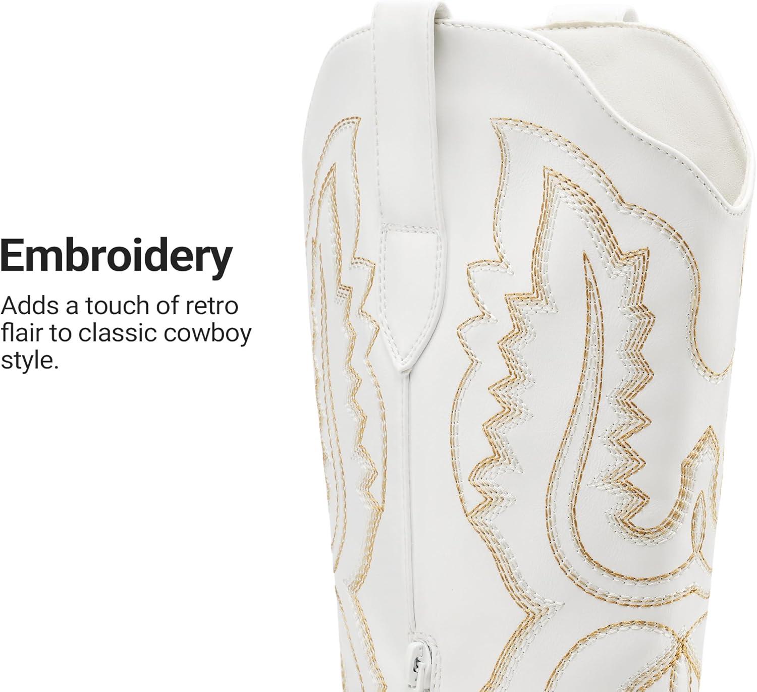 image:imageDREAM PAIRS Cowboy Knee High Boots for Women Western Retro Embroidered Cowgirl Boots Fashion Narrow Square Toe Comfortable Side Zipper Tall Boots for LadiesWhite