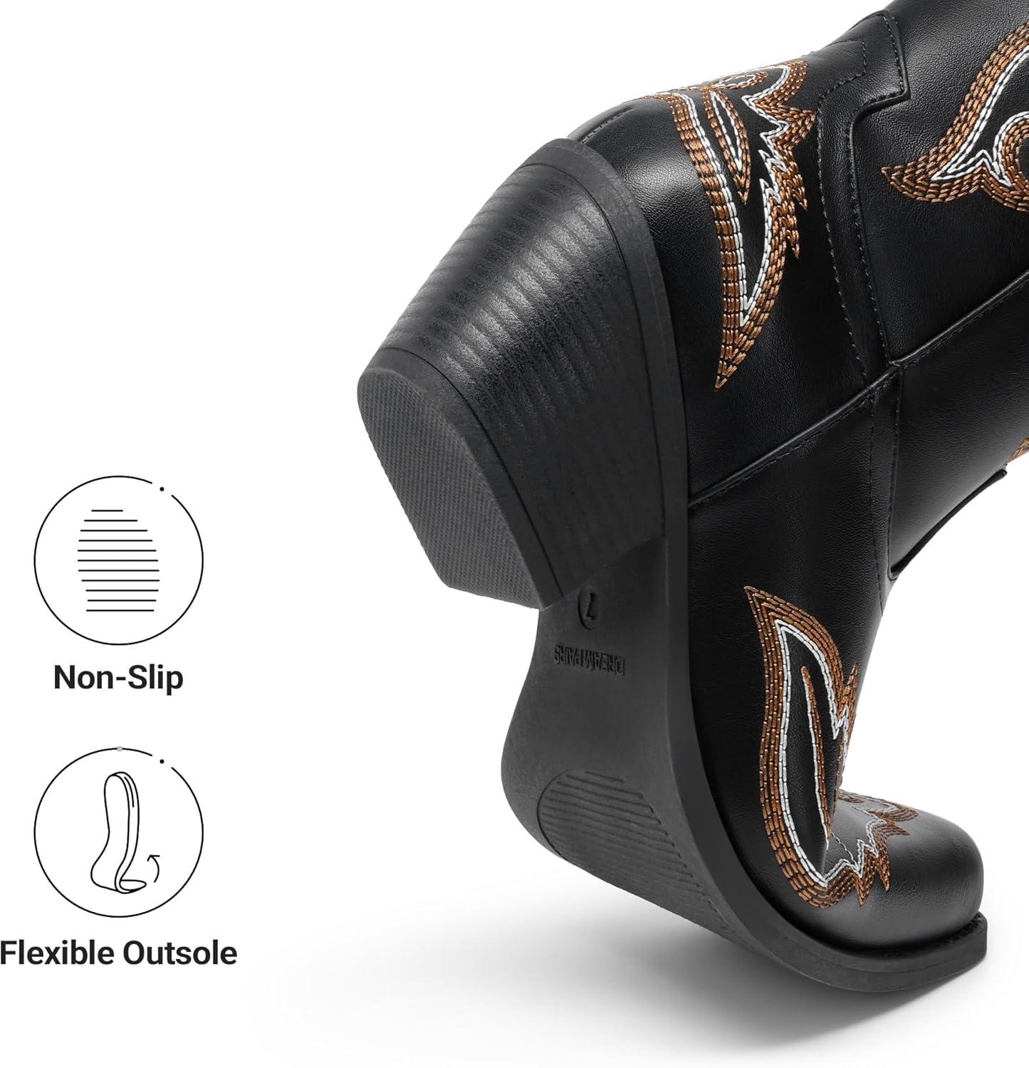 image:imageDREAM PAIRS Cowboy Knee High Boots for Women Western Retro Embroidered Cowgirl Boots Fashion Narrow Square Toe Comfortable Side Zipper Tall Boots for LadiesBlack