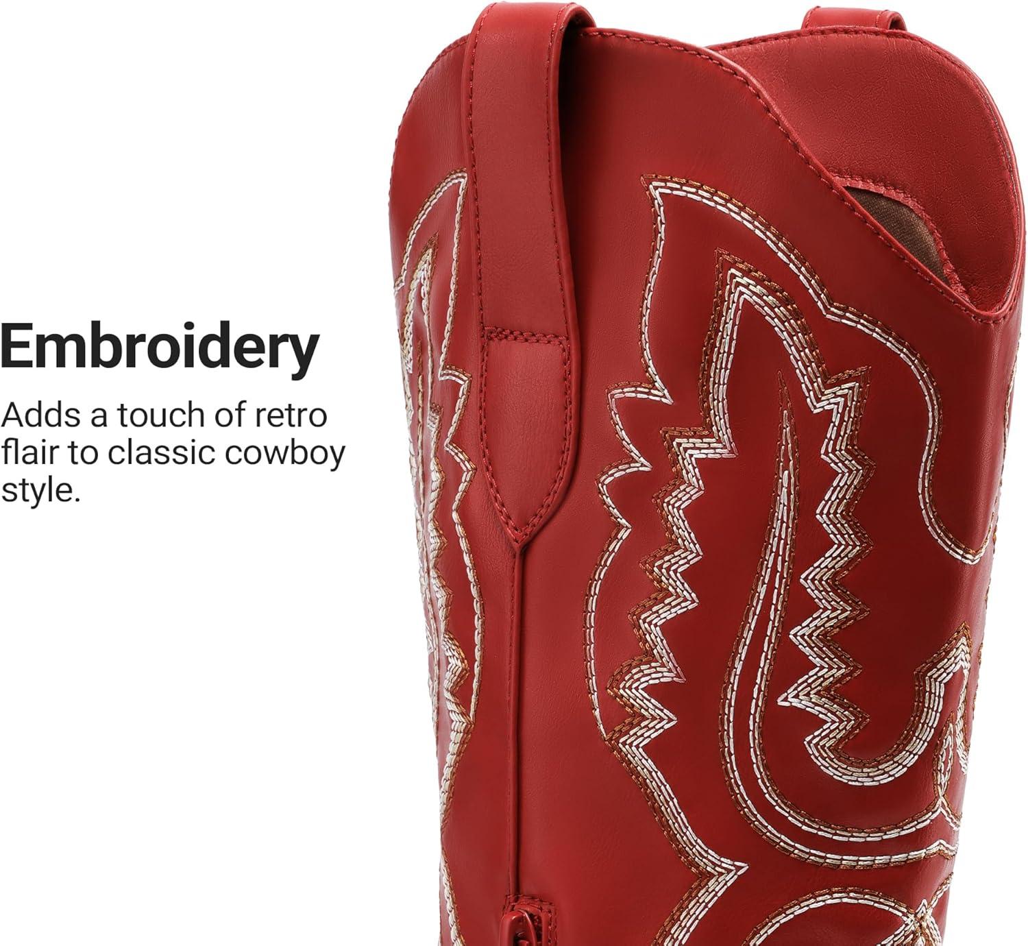 image:imageDREAM PAIRS Cowboy Knee High Boots for Women Western Retro Embroidered Cowgirl Boots Fashion Narrow Square Toe Comfortable Side Zipper Tall Boots for LadiesRed