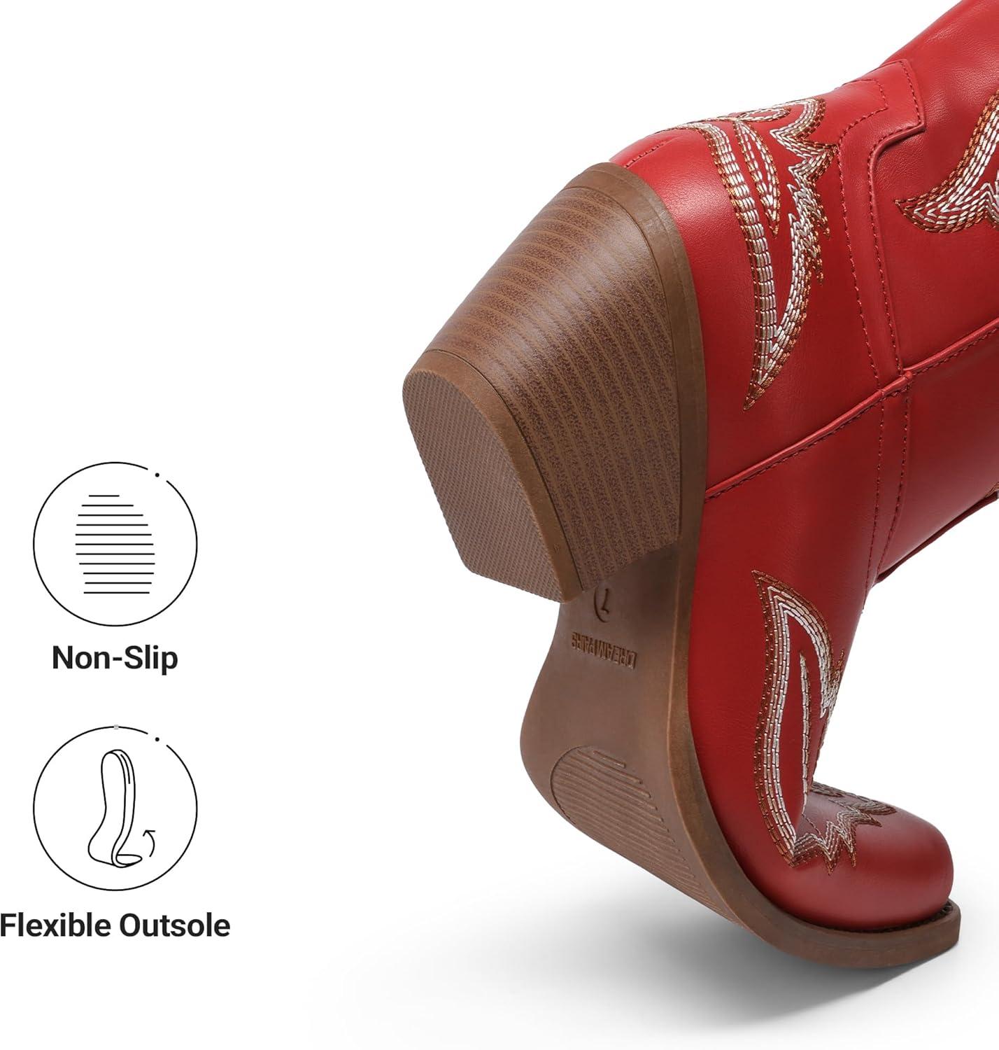 image:imageDREAM PAIRS Cowboy Knee High Boots for Women Western Retro Embroidered Cowgirl Boots Fashion Narrow Square Toe Comfortable Side Zipper Tall Boots for LadiesRed