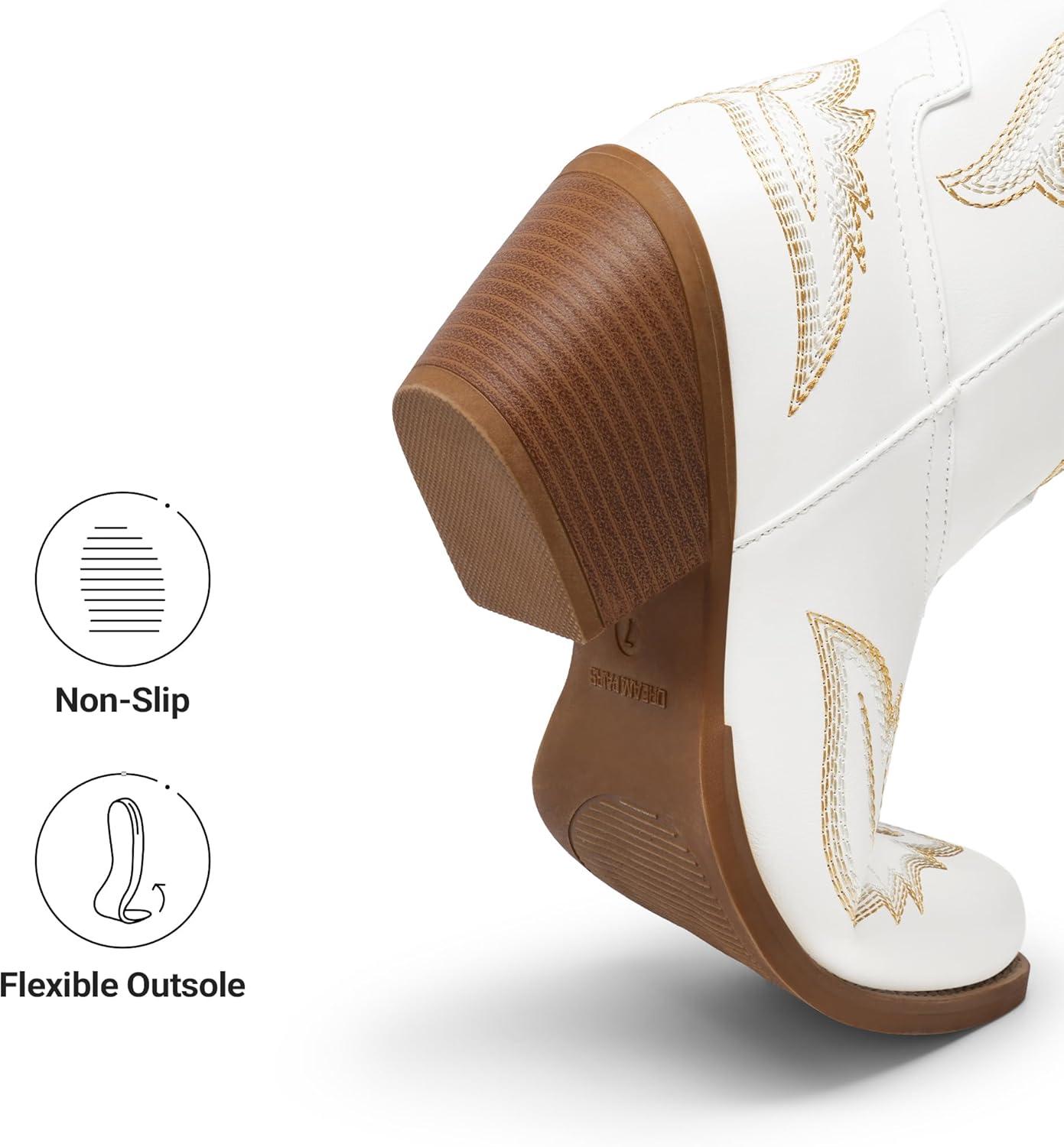 image:imageDREAM PAIRS Cowboy Knee High Boots for Women Western Retro Embroidered Cowgirl Boots Fashion Narrow Square Toe Comfortable Side Zipper Tall Boots for LadiesWhite