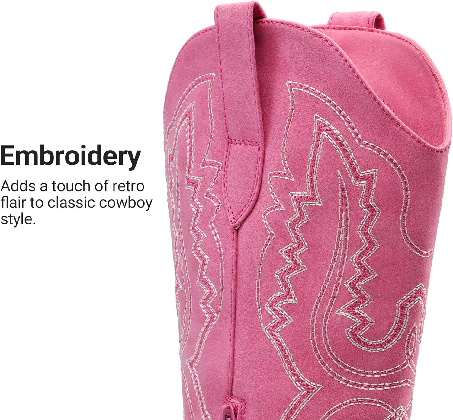 image:imageDREAM PAIRS Cowboy Knee High Boots for Women Western Retro Embroidered Cowgirl Boots Fashion Narrow Square Toe Comfortable Side Zipper Tall Boots for LadiesHot Pink
