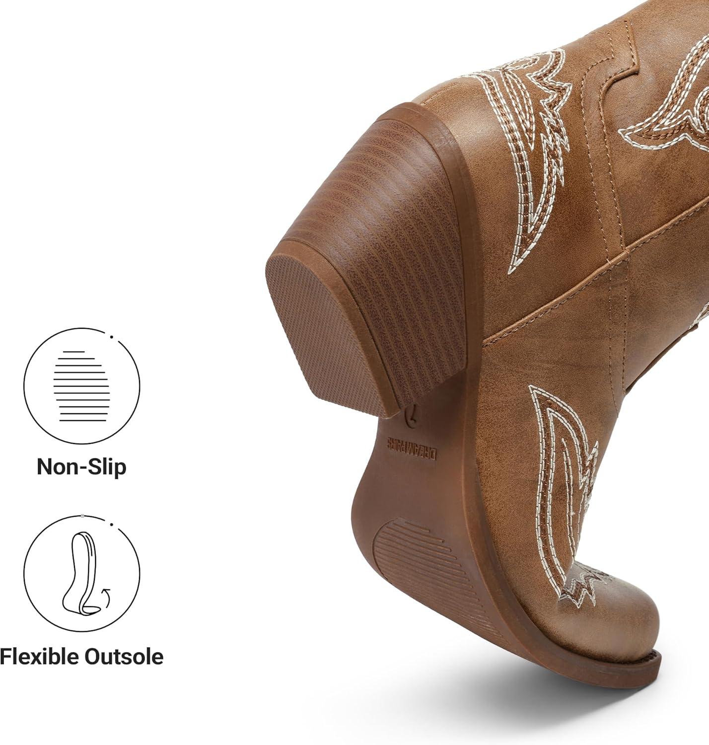 image:imageDREAM PAIRS Cowboy Knee High Boots for Women Western Retro Embroidered Cowgirl Boots Fashion Narrow Square Toe Comfortable Side Zipper Tall Boots for LadiesBrown