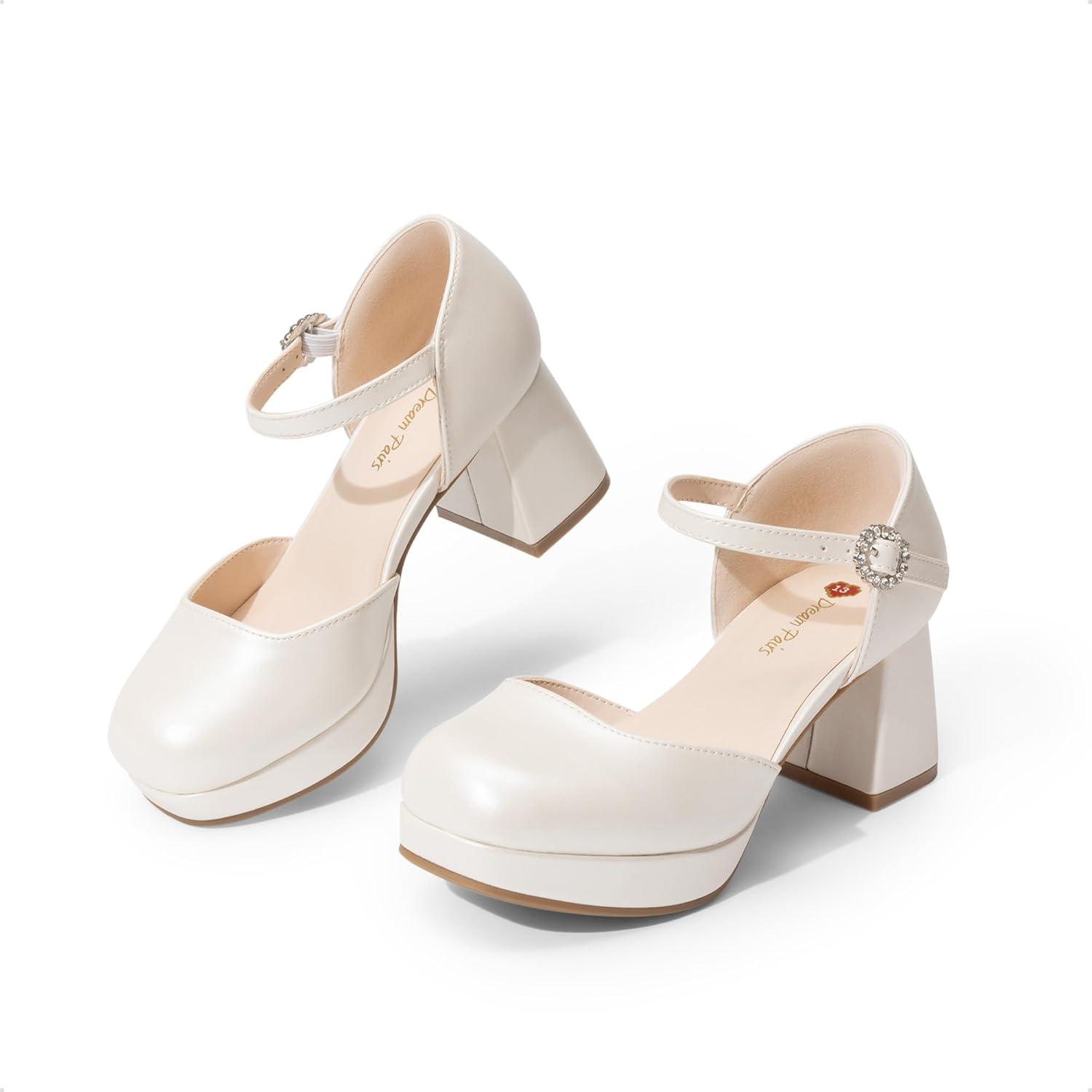 image:imageDREAM PAIRS Girls Dress Shoes Platform Square Toe High Heels Ankle Strap Party Wedding Flower Pump for Little Big KidIvory